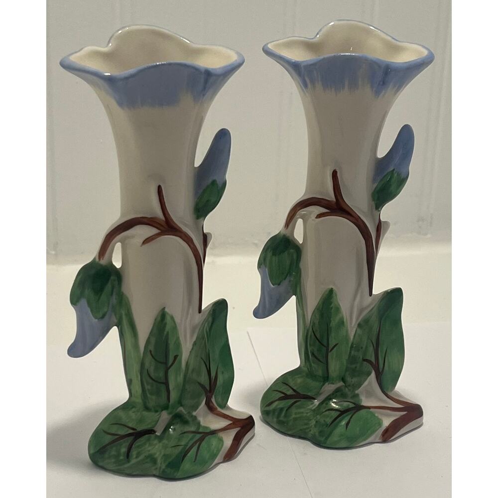 VTG/MCM Holley Ross Distinctively China Flower Bud Vases, Set of 2, Hand Painted